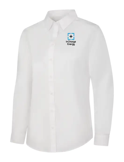 Womens White Long Sleeve Carefree Poplin Shirt w/InCharge Logo