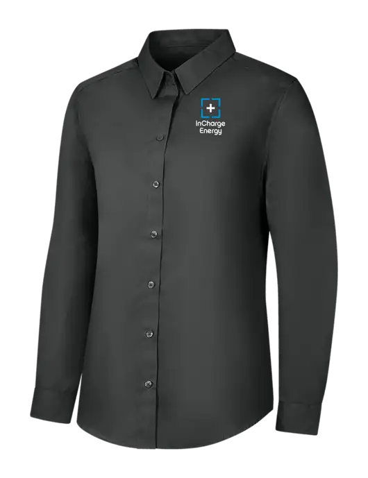Womens Dark Grey Long Sleeve Carefree Poplin Shirt w/InCharge Logo