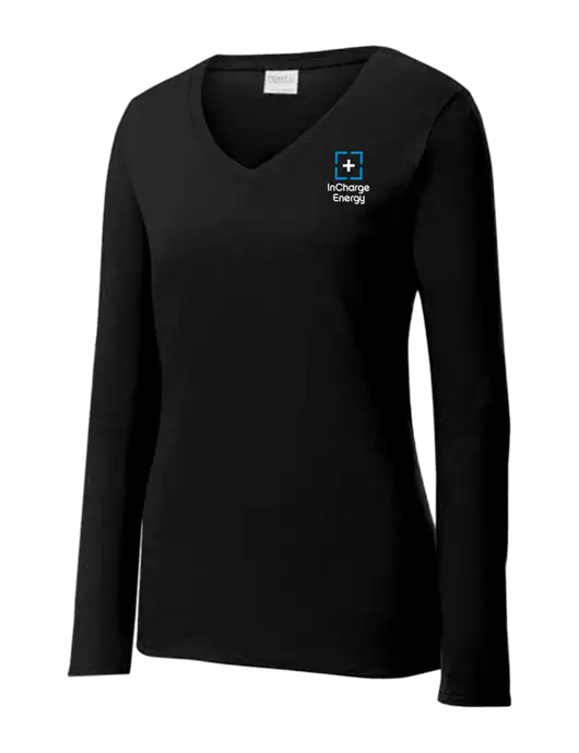 Womens V-Neck Ring Spun Jet Black 4.5 oz Long Sleeve T-Shirt w/InCharge Logo