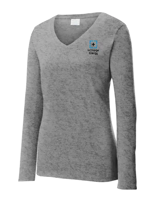 Womens  V-Neck Ring Spun Grey Heather 4.5 oz Long Sleeve T-Shirt w/InCharge Logo