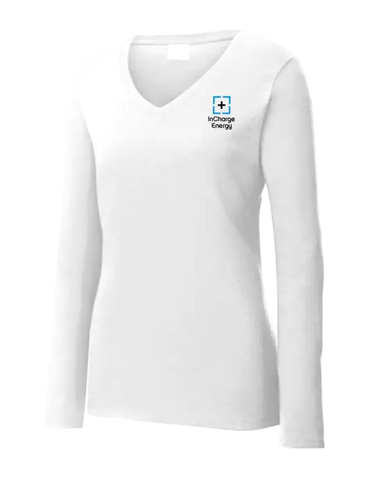 Womens  V-Neck Ring Spun White 4.5 oz Long Sleeve T-Shirt w/InCharge Logo