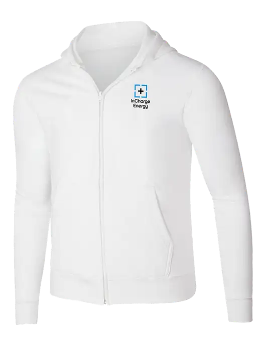 White 8.5 oz Ring Spun Zip Hooded Sweatshirt w/InCharge Logo