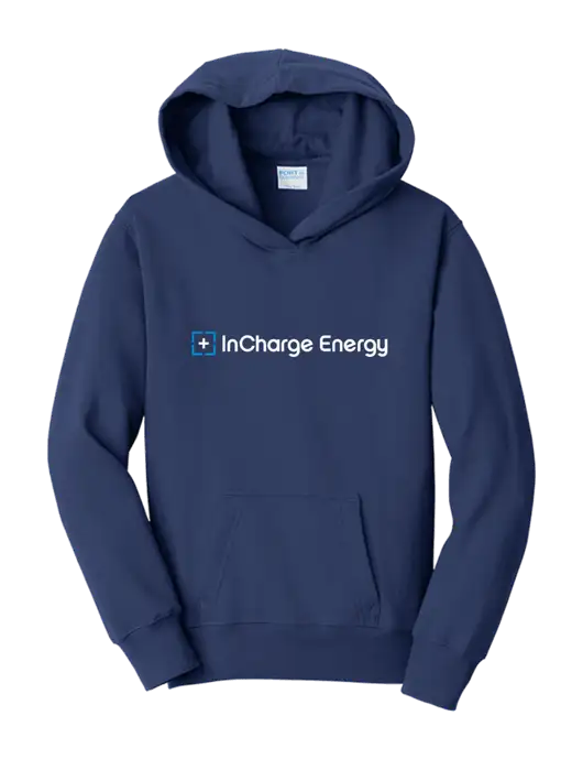 Youth Navy 7.8 oz Cotton/Poly Pullover Hooded Sweatshirt w/InCharge Logo