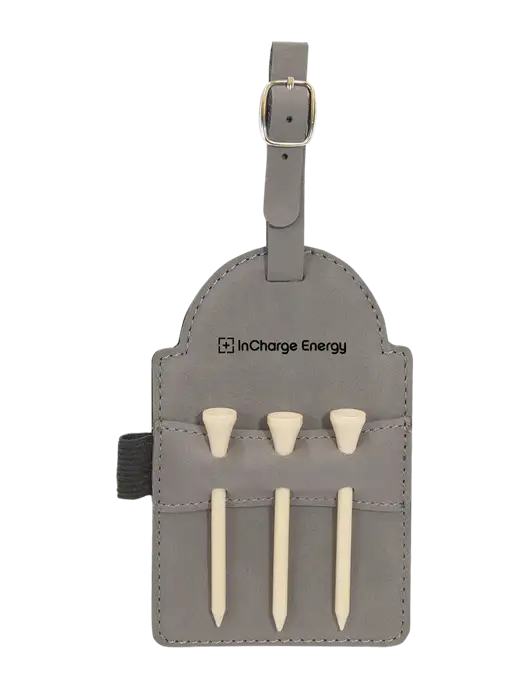 Grey Leatherette Golf Bag Tag with 3 Wooden Tees w/InCharge Logo