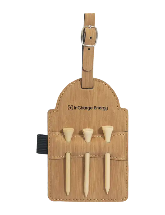 Bamboo Leatherette Golf Bag Tag with 3 Wooden Tees w/InCharge Logo