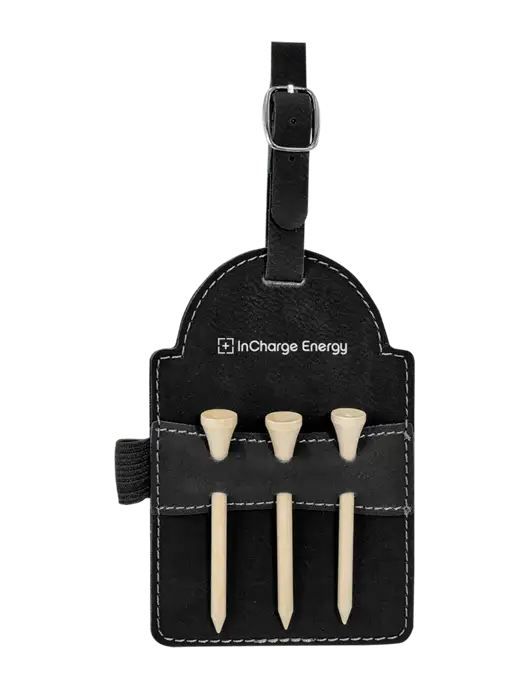 Black Leatherette Golf Bag Tag with 3 Wooden Tees w/InCharge Logo