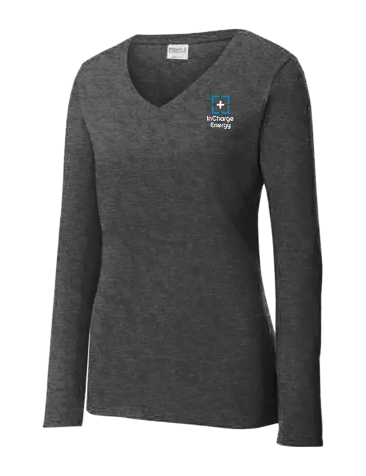 Womens  V-Neck Ring Spun Dark Heather Grey 4.5 oz Long Sleeve T-Shirt w/InCharge Logo