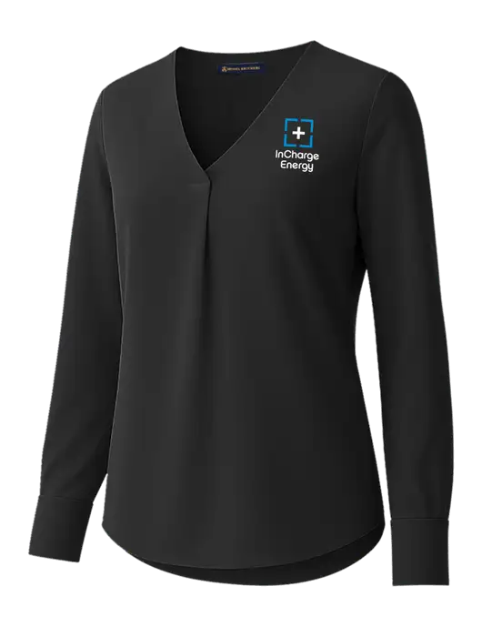 Brooks Brothers Womens Black Open-Neck Satin Blouse  w/InCharge Logo
