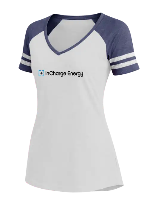 Womens White/Navy Heather V-Neck Game Tee w/InCharge Logo