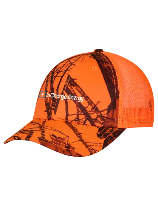 Blaze/Neon Orange Mossy Oak Camo Mesh Trucker Cap Snap Back w/InCharge Logo