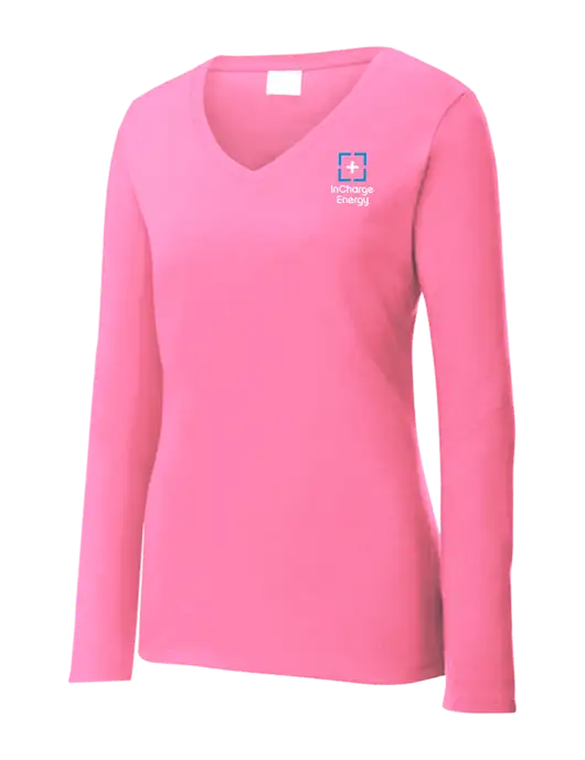 Womens  V-Neck Ring Spun Pink 4.5 oz Long Sleeve T-Shirt w/InCharge Logo